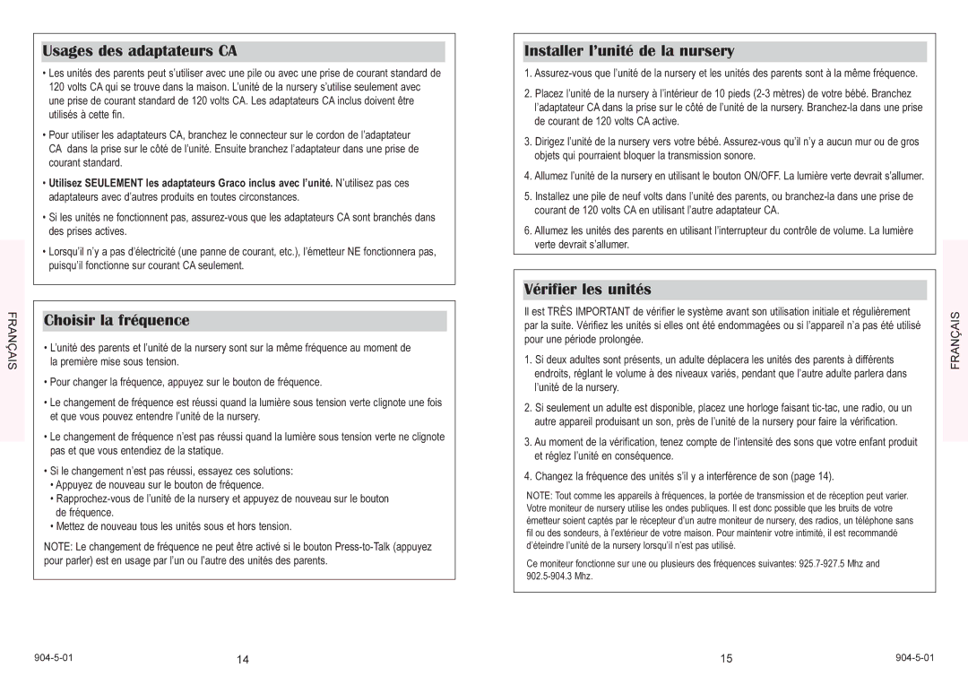 Graco 2775 Usages des adaptateurs CA, Choisir la fréquence, Installer l’unité de la nursery, Vérifier les unités 