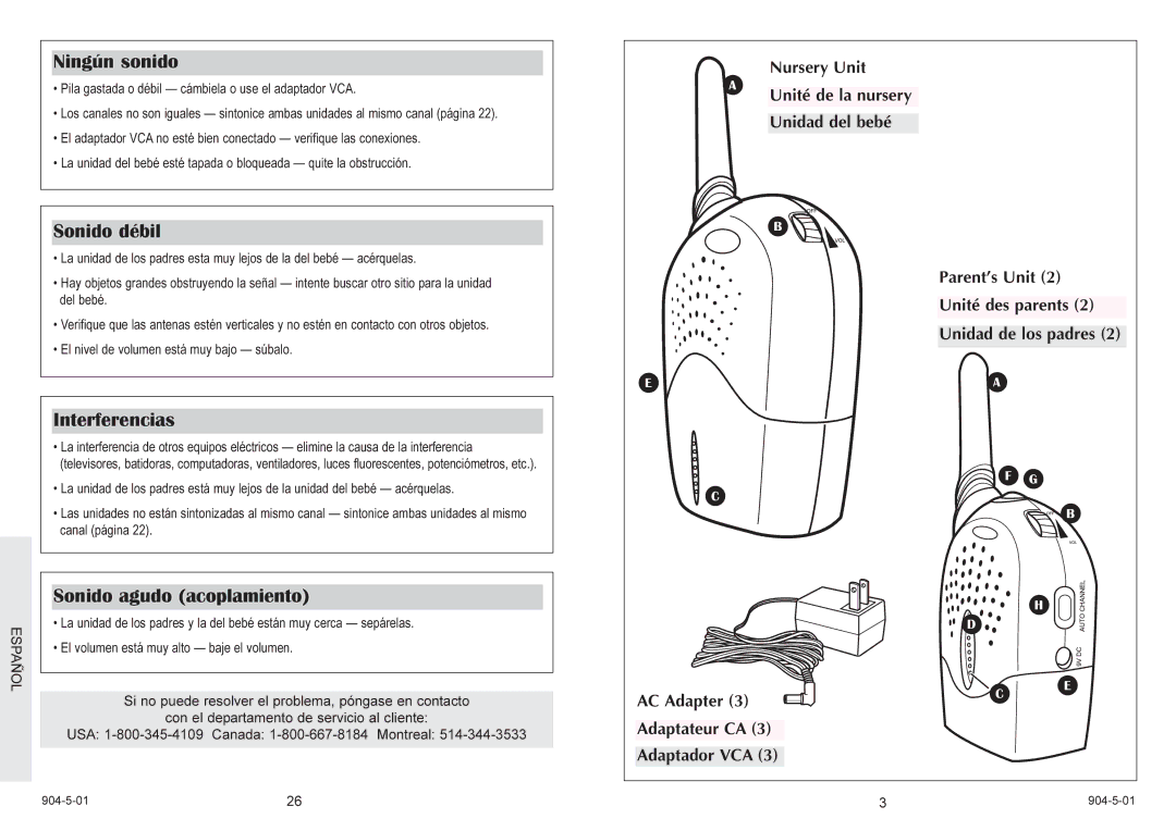 Graco 2775 owner manual Ningún sonido, Sonido débil, Interferencias, Sonido agudo acoplamiento, Español 