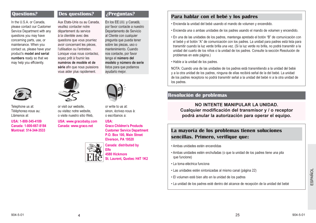 Graco 2775 owner manual Questions? Des questions?, Para hablar con el bebé y los padres, Resolución de problemas 