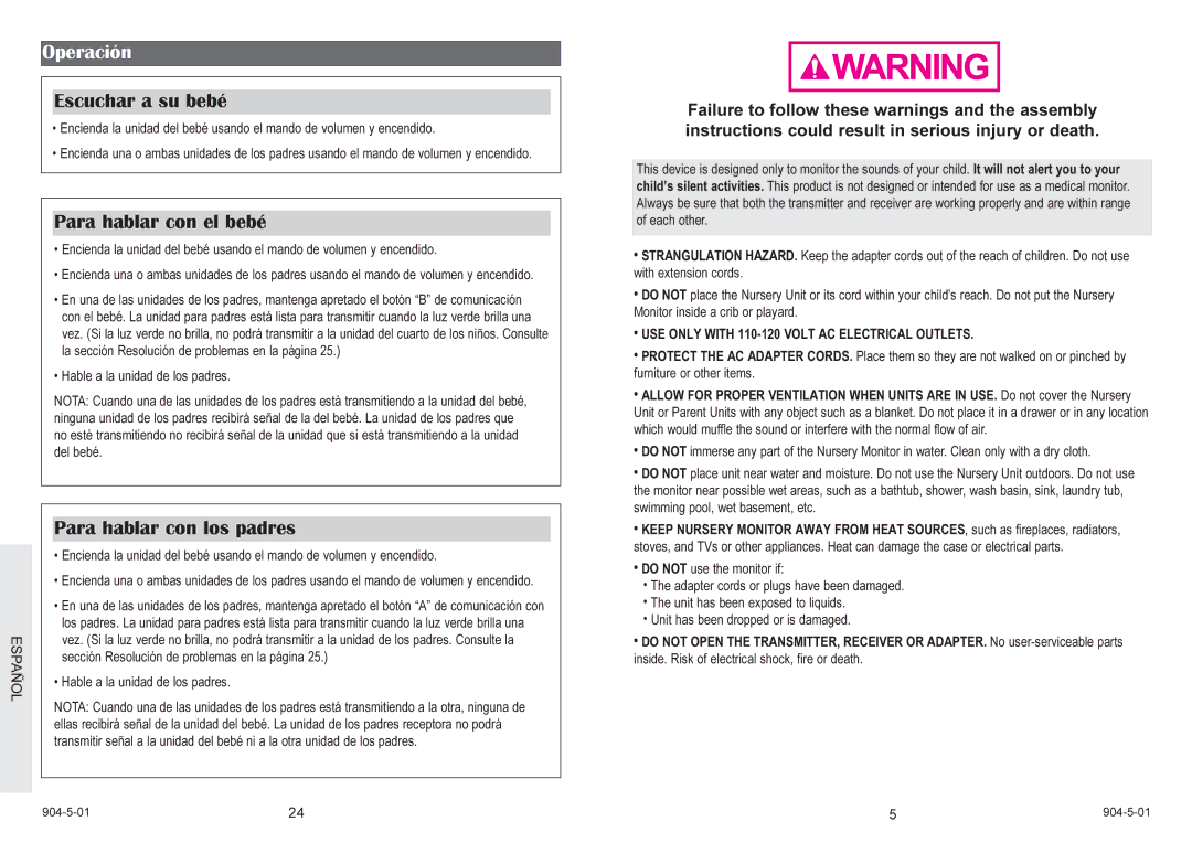 Graco 2775 owner manual Operación, Escuchar a su bebé, Para hablar con el bebé, Para hablar con los padres 