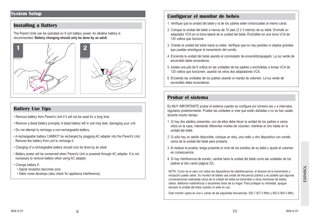 Graco 2775 System Setup, Installing a Battery, Battery Use Tips, Configurar el monitor de bebés, Probar el sistema 