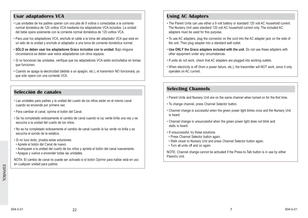 Graco 2775 owner manual Usar adaptadores VCA, Selección de canales, Using AC Adapters, Selecting Channels 
