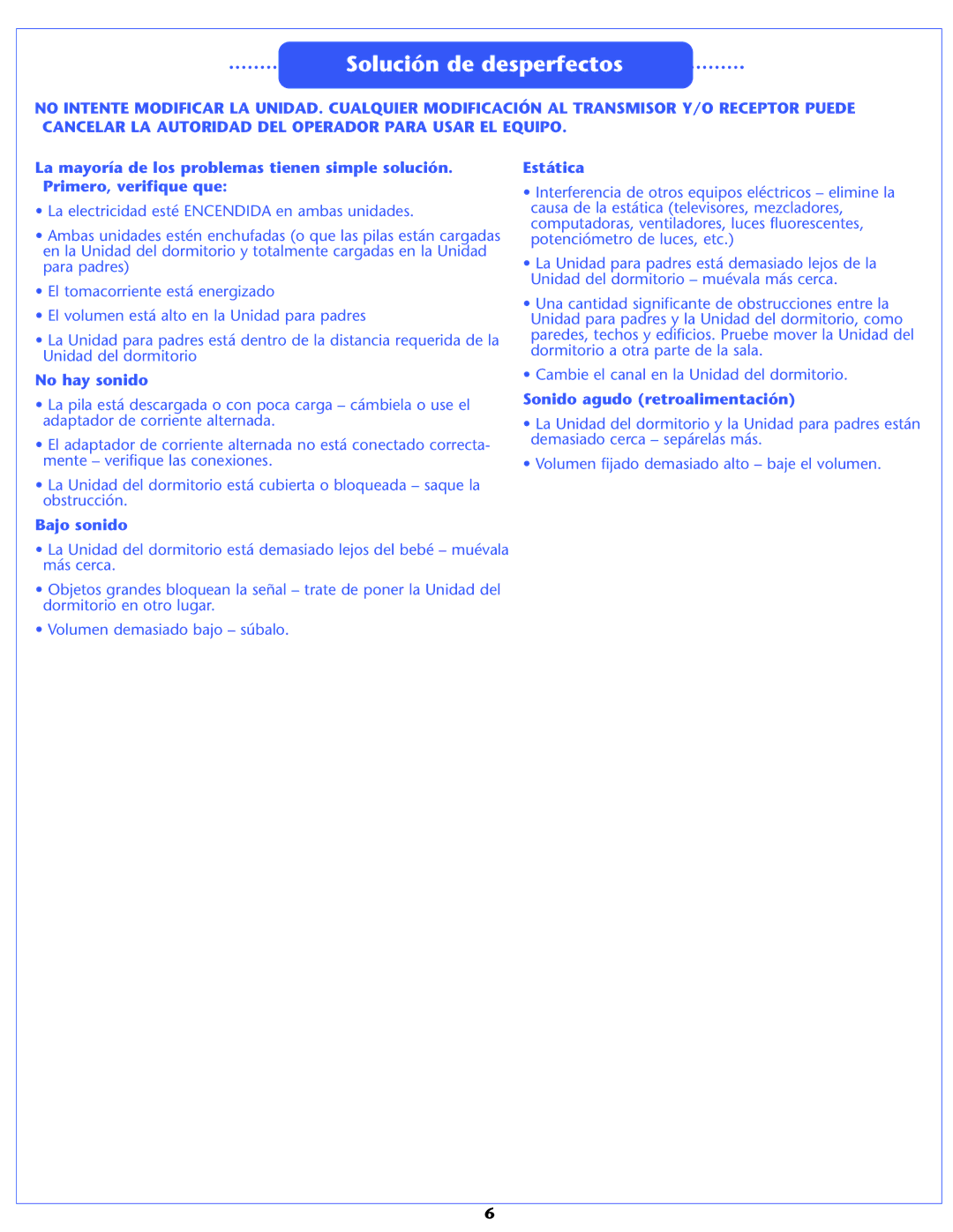 Graco 2795, 2791, A3929 Solución de desperfectos, No hay sonido, Bajo sonido, Estática, Sonido agudo retroalimentación 