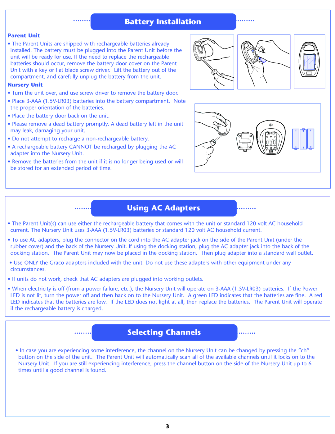 Graco A3940, 2795, 2791, A3929 warranty Battery Installation, Using AC Adapters, Selecting Channels, Parent Unit, Nursery Unit 