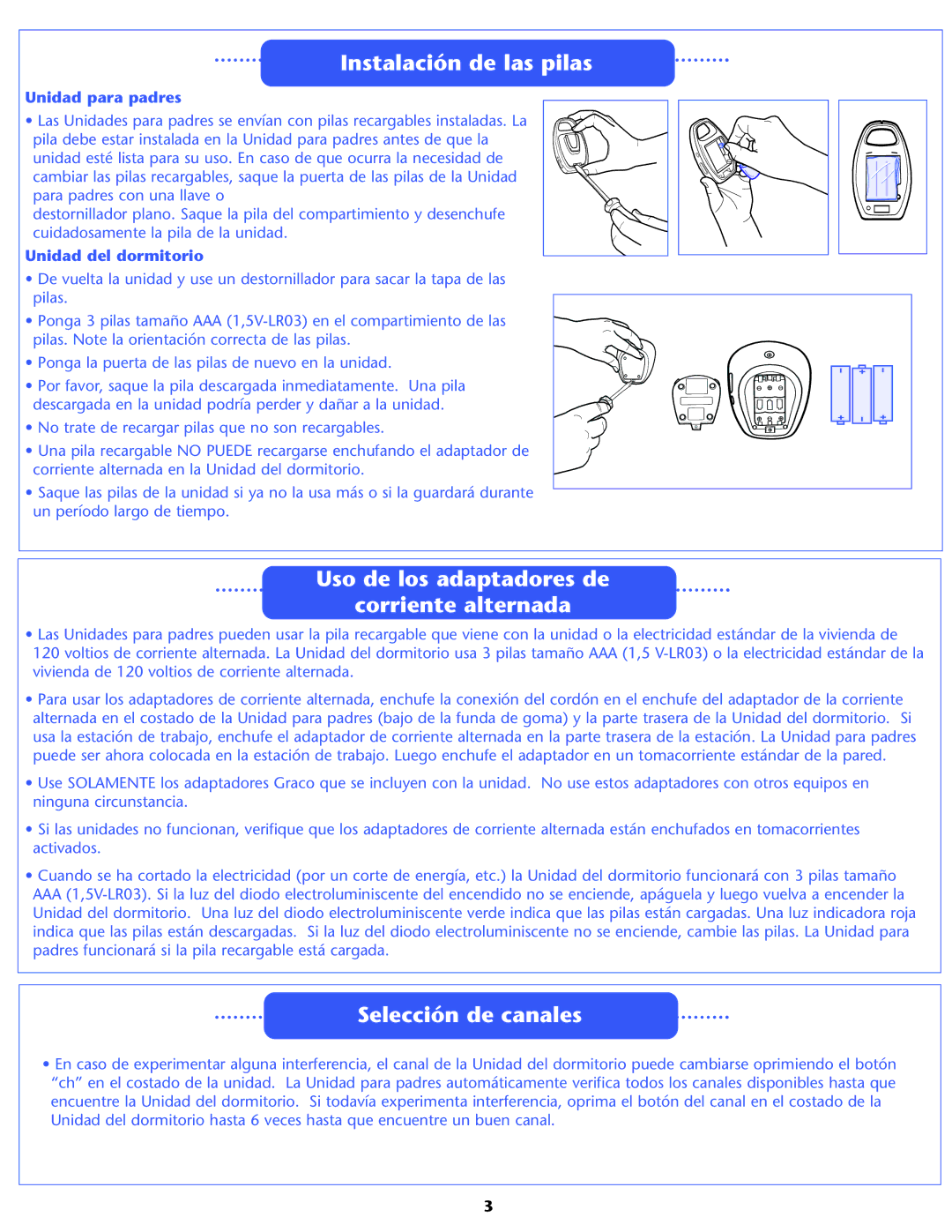 Graco 2791, 2795, A3929, A3940 Instalación de las pilas, Uso de los adaptadores de Corriente alternada, Selección de canales 