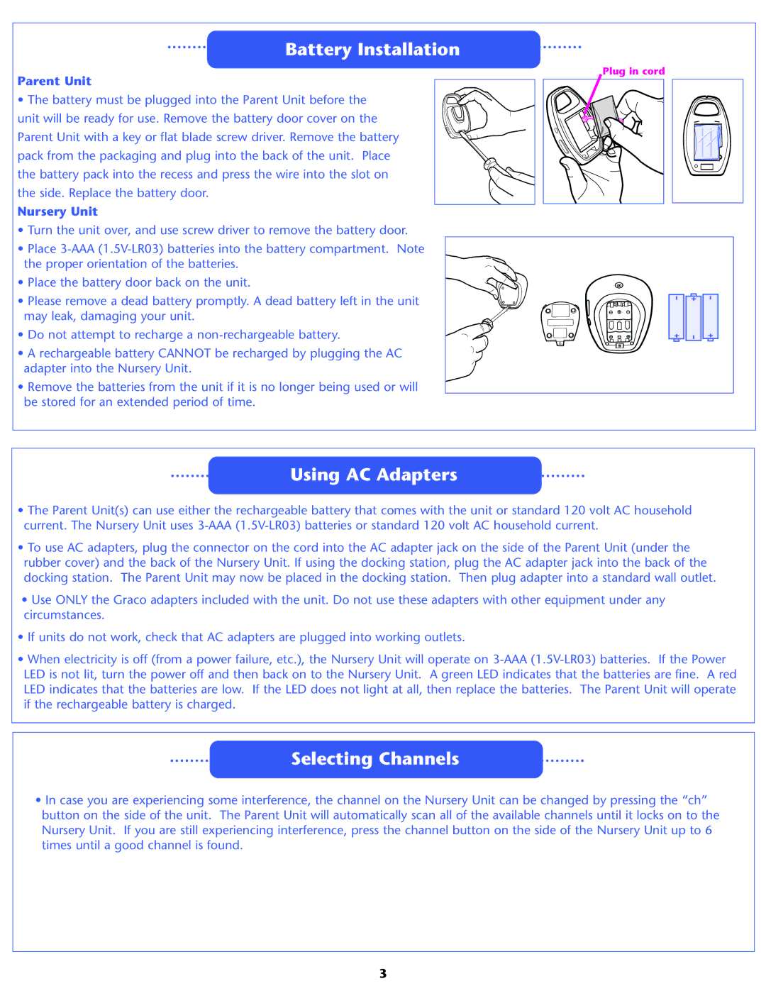 Graco 2791, 2795 manual Battery Installation, Using AC Adapters, Selecting Channels, Parent Unit, Nursery Unit 