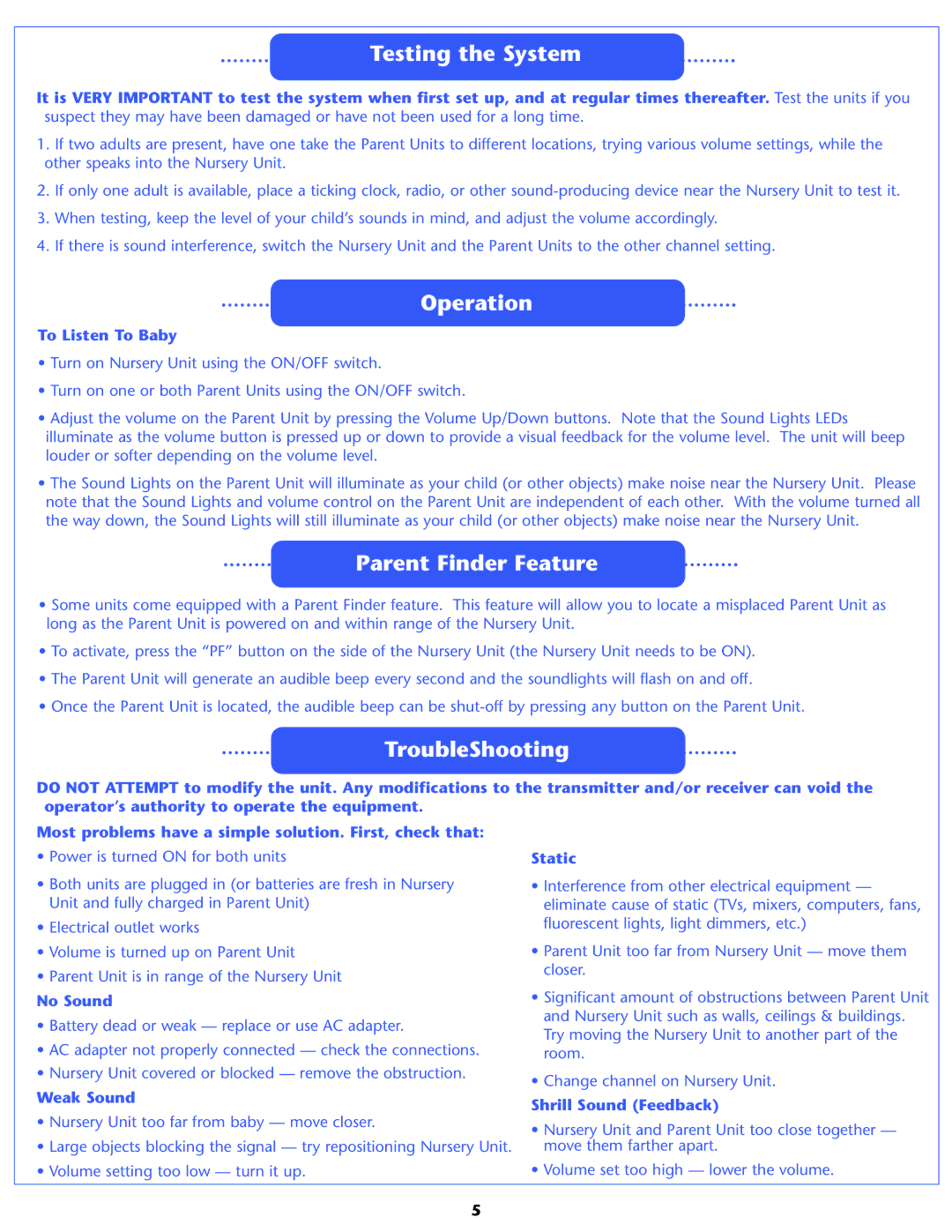 Graco 2791, 2795 manual Testing the System, Operation, Parent Finder Feature, TroubleShooting 