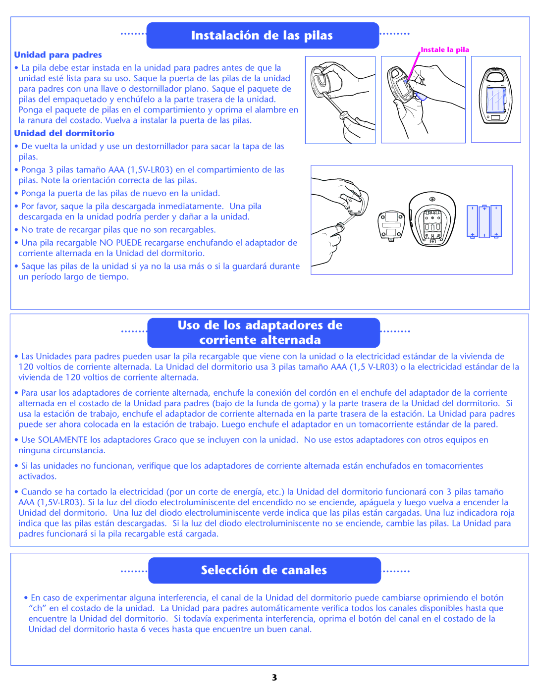 Graco 2791, 2795 manual Instalación de las pilas, Uso de los adaptadores de Corriente alternada, Selección de canales 