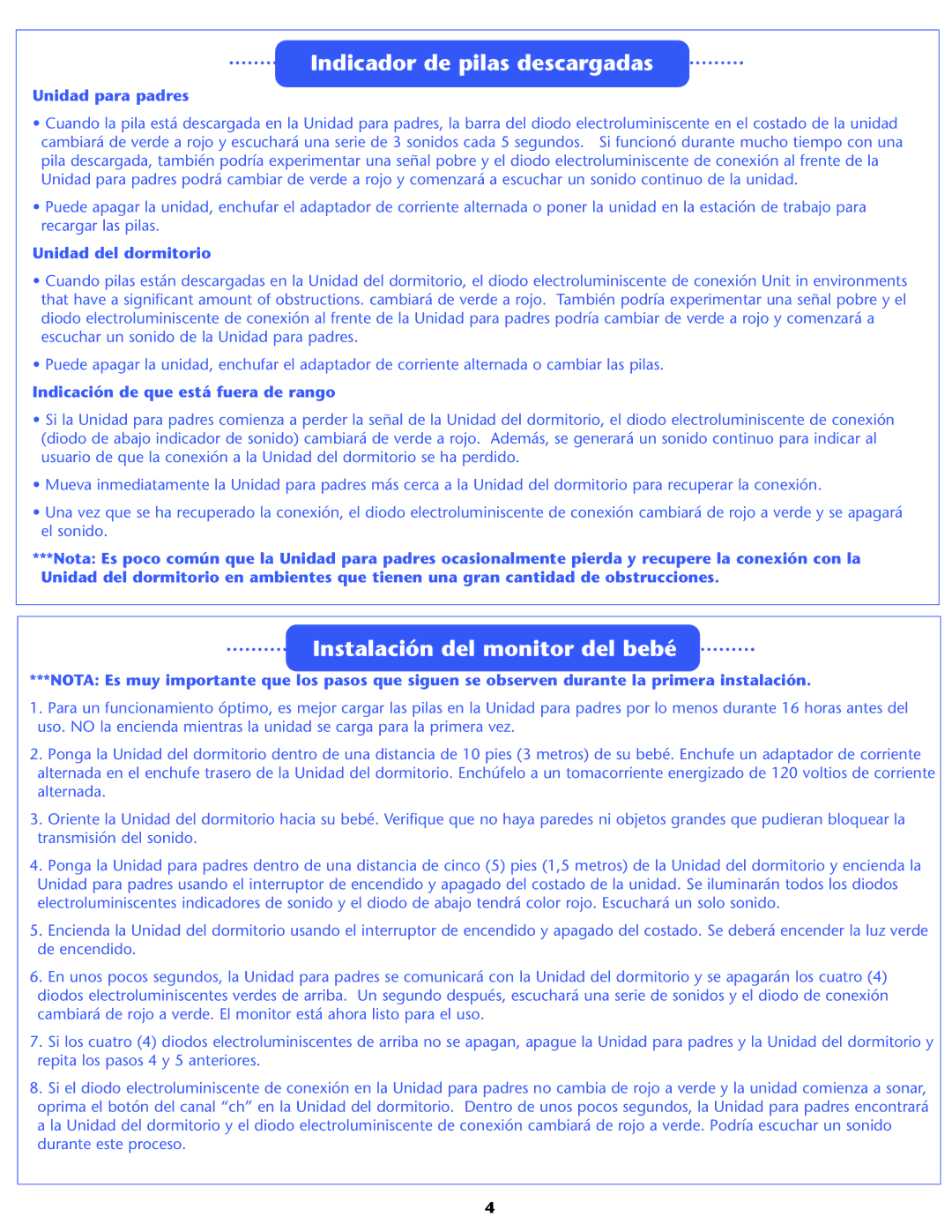 Graco 2795, 2791 Indicador de pilas descargadas, Instalación del monitor del bebé, Indicación de que está fuera de rango 