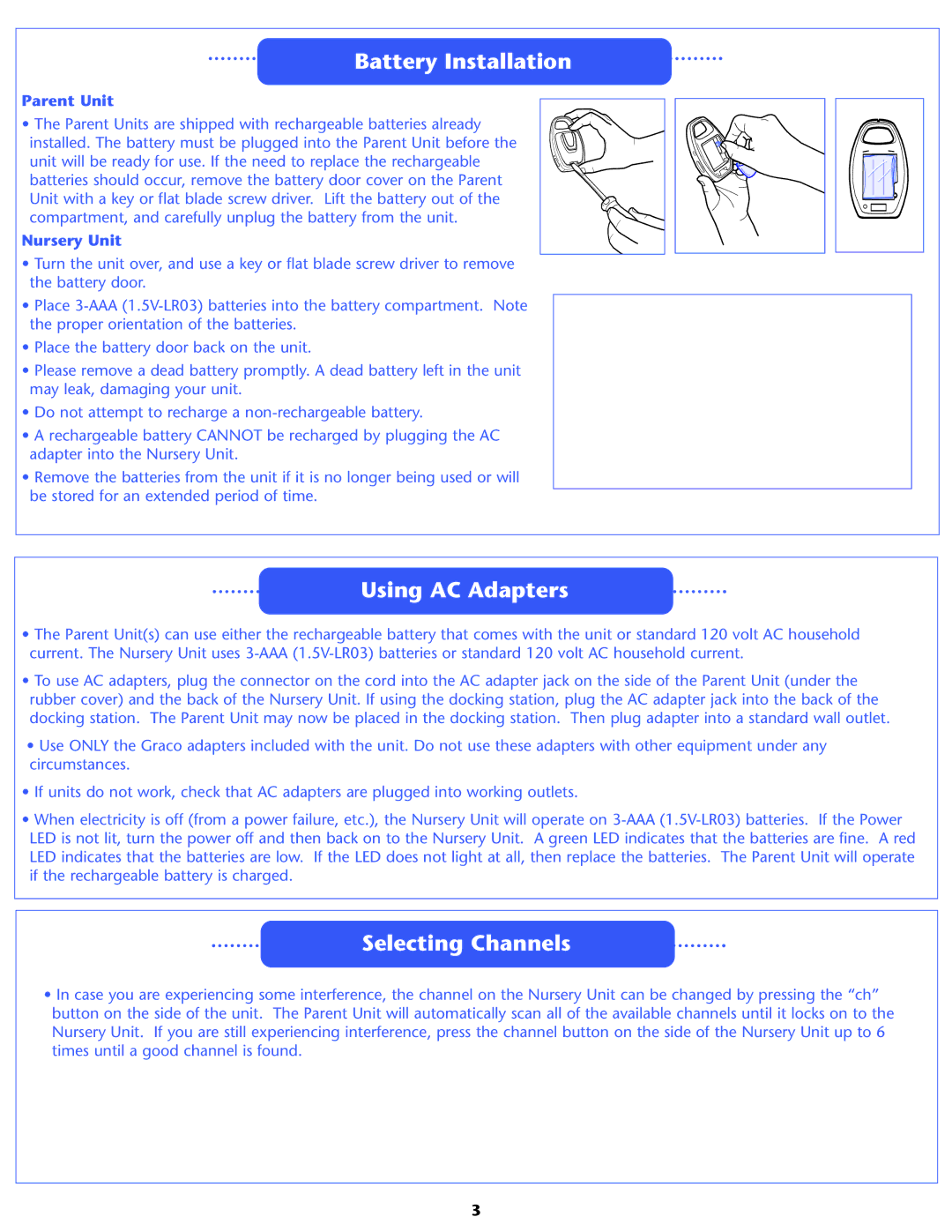 Graco 2791, 2795 owner manual Battery Installation, Using AC Adapters, Selecting Channels, Parent Unit, Nursery Unit 