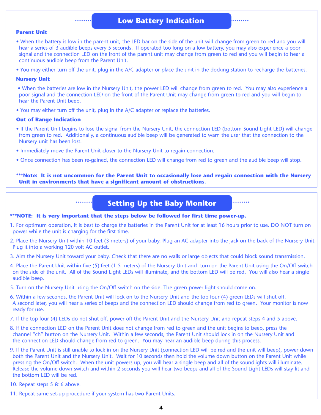 Graco 2795, 2791 owner manual Low Battery Indication, Setting Up the Baby Monitor, Out of Range Indication 