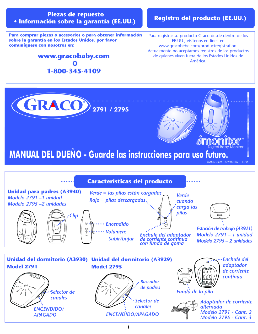 Graco 2791, 2795 owner manual Manual DEL Dueño Guarde las instrucciones para uso futuro, Características del producto 