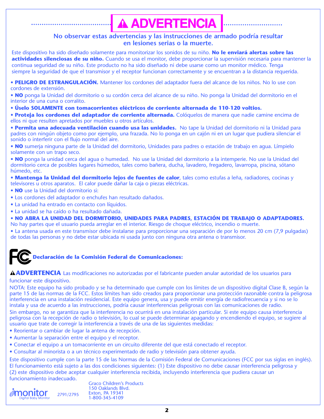 Graco 2795, 2791 owner manual Declaración de la Comisión Federal de Comunicaciones 