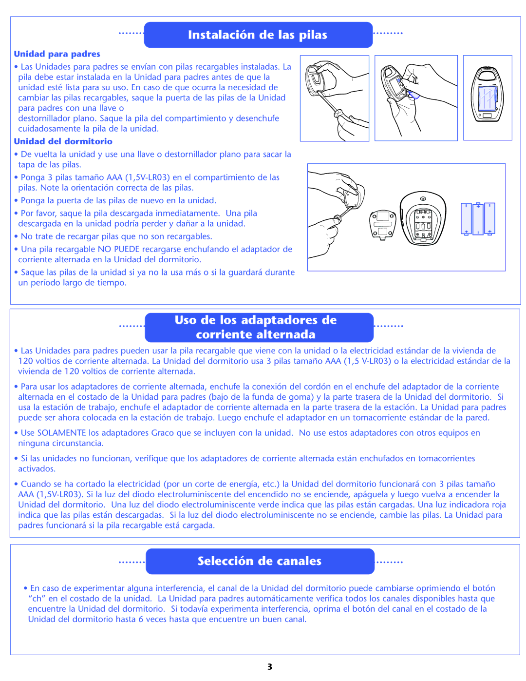 Graco 2791, 2795 owner manual Instalación de las pilas, Uso de los adaptadores de Corriente alternada, Selección de canales 