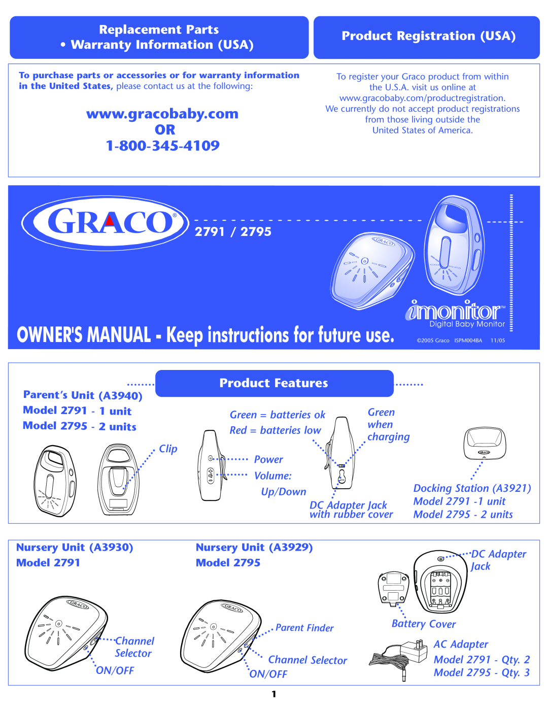 Graco 2791 owner manual Replacement Parts, Product Registration USA, Warranty Information USA, Product Features, Model 