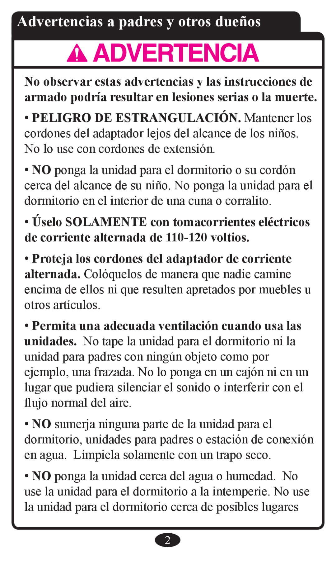 Graco 2797 manual Advertencias a padres y otros dueños 