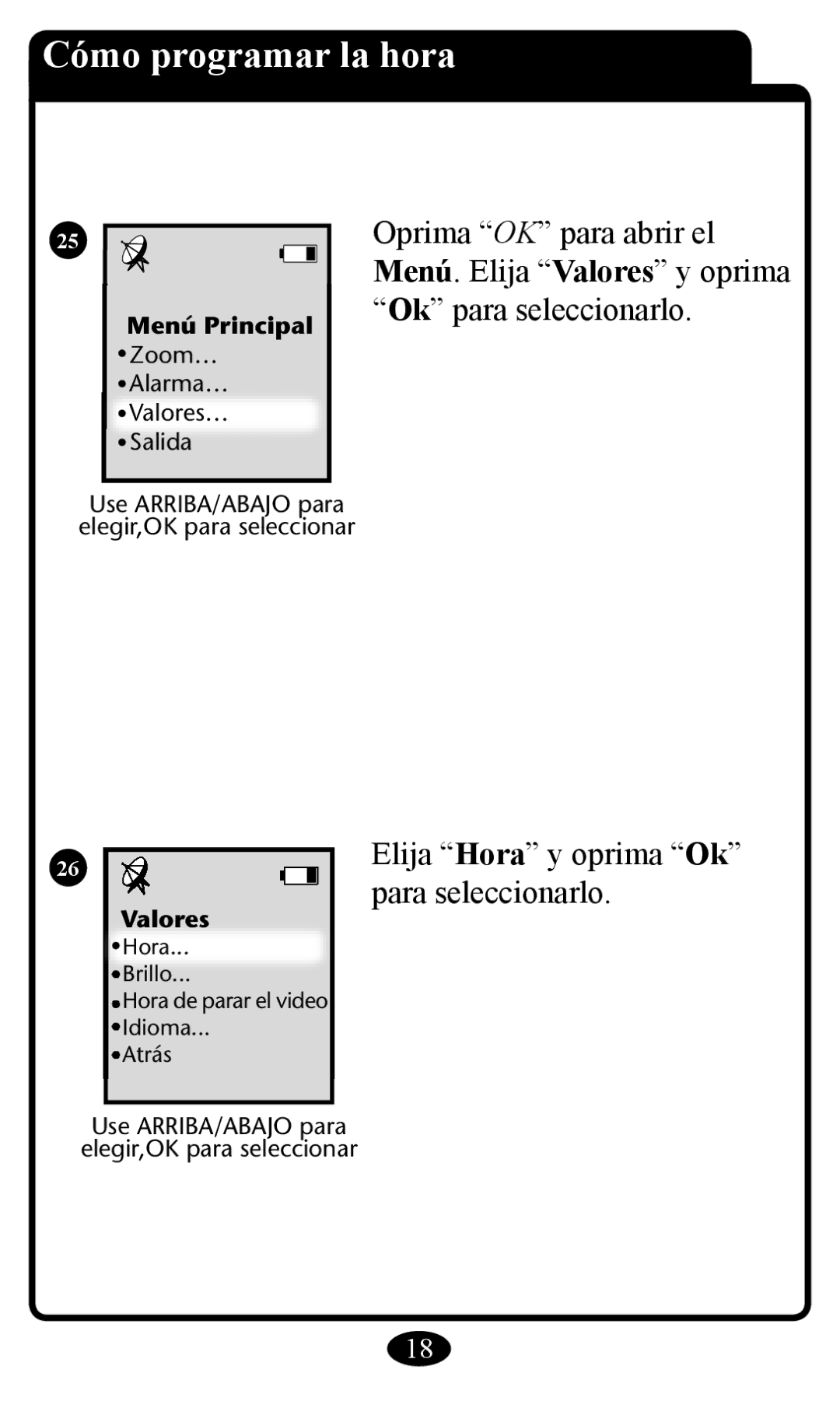 Graco 2797 manual Cómo programar la hora, Elija Hora y oprima Ok para seleccionarlo 