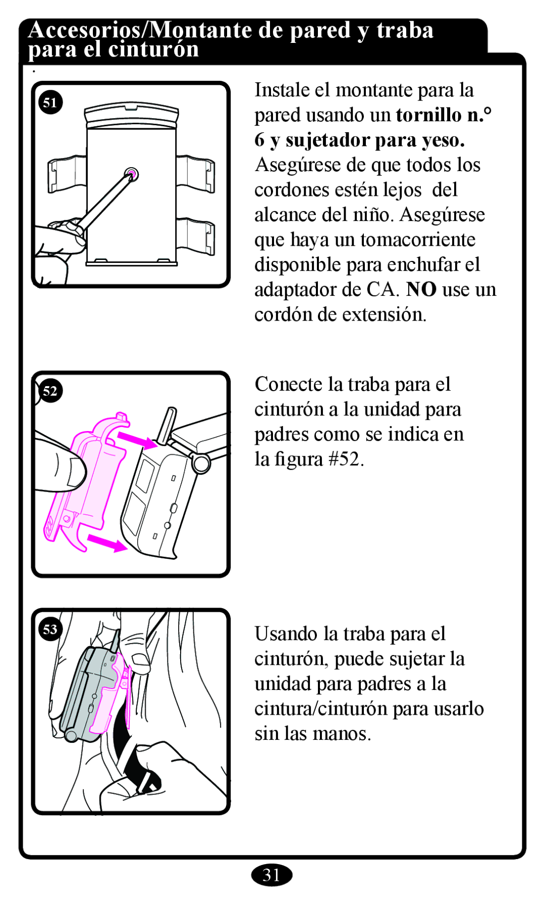 Graco 2797 manual Accesorios/Montante de pared y traba para el cinturón, Sujetador para yeso 