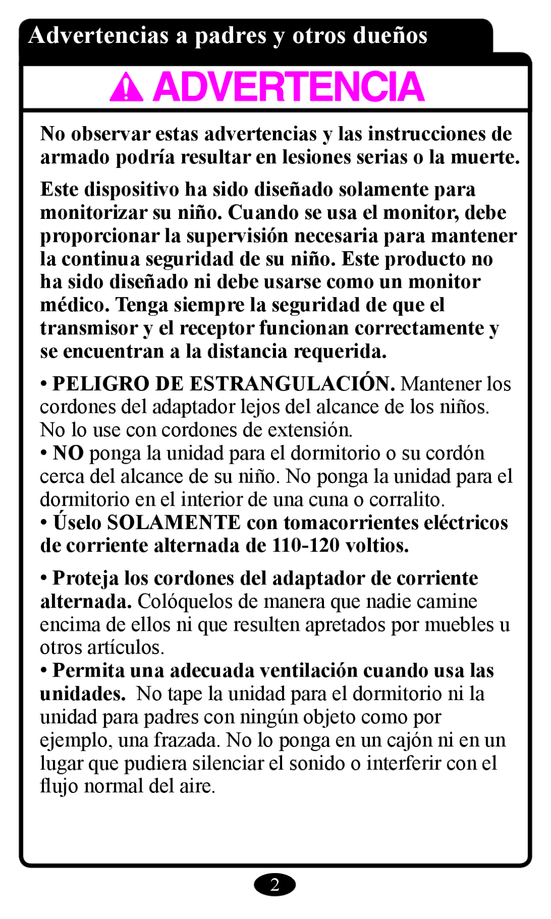 Graco 2797 owner manual Advertencias a padres y otros dueños 