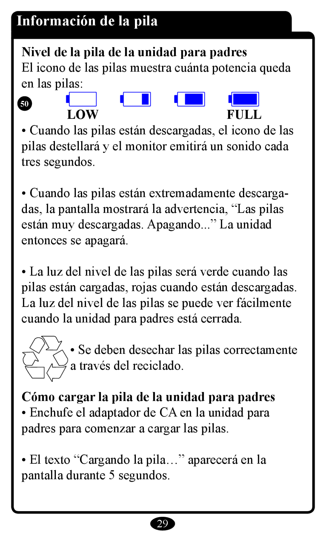 Graco 2797 Información de la pila, Nivel de la pila de la unidad para padres, Cómo cargar la pila de la unidad para padres 