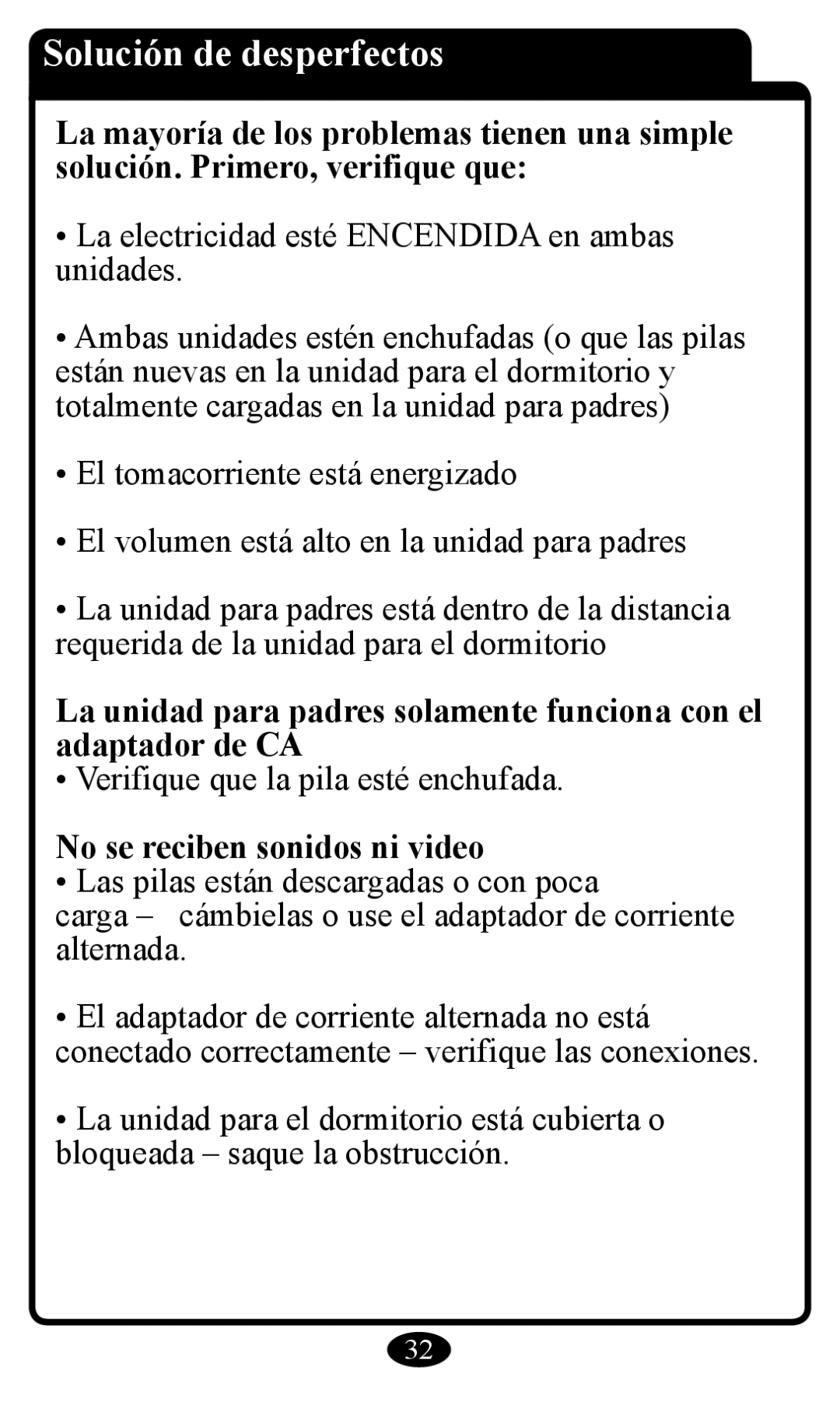 Graco 2797 owner manual Solución de desperfectos, No se reciben sonidos ni video 