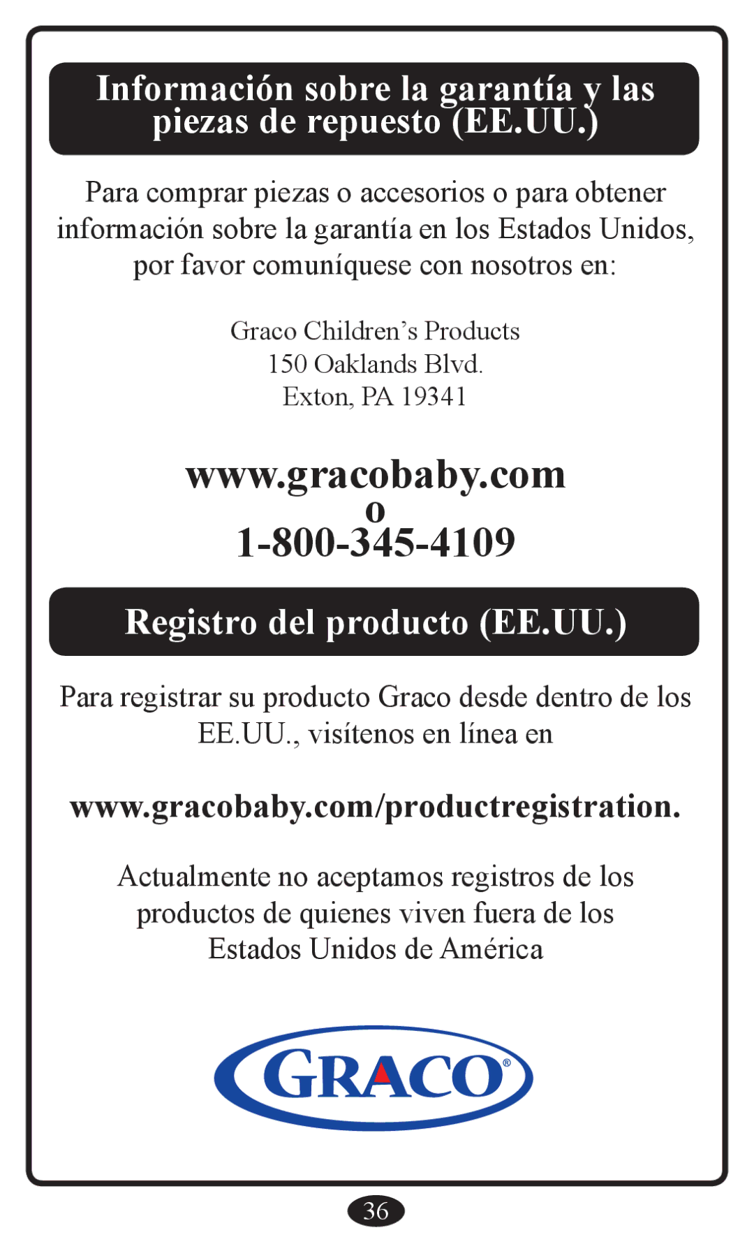 Graco 2797 owner manual Información sobre la garantía y las Piezas de repuesto EE.UU 