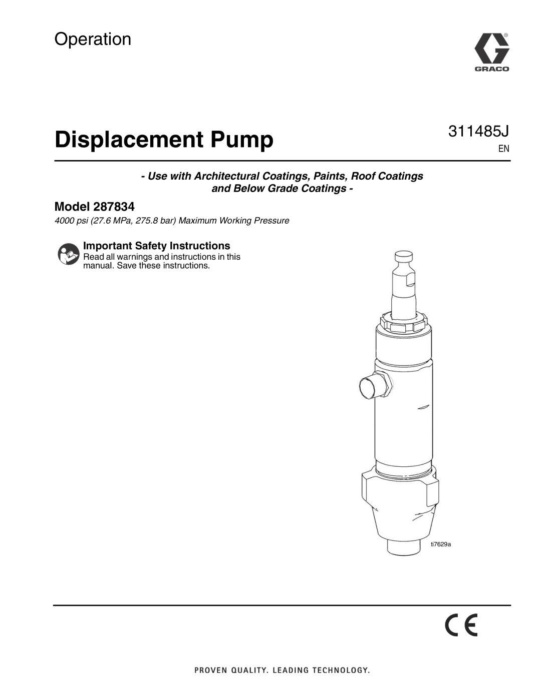 Graco 287834 important safety instructions Displacement Pump 