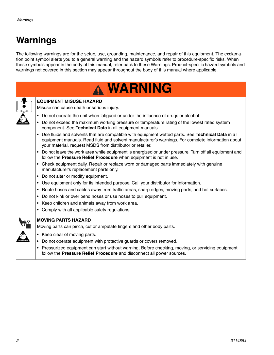 Graco 287834 important safety instructions Equipment Misuse Hazard 