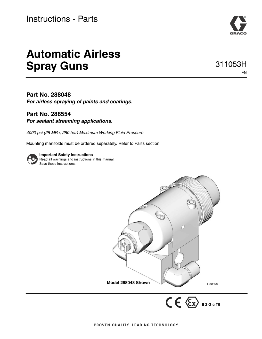 Graco important safety instructions Automatic Airless Spray Guns, Model 288048 Shown 