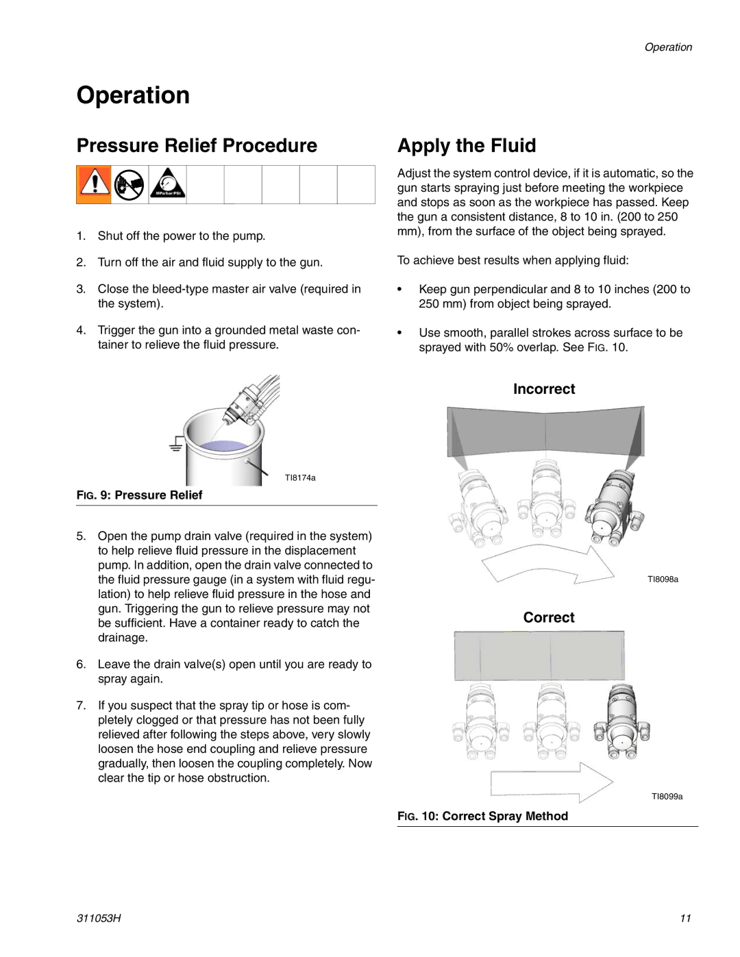 Graco 288048 important safety instructions Operation, Pressure Relief Procedure, Apply the Fluid, Incorrect, Correct 