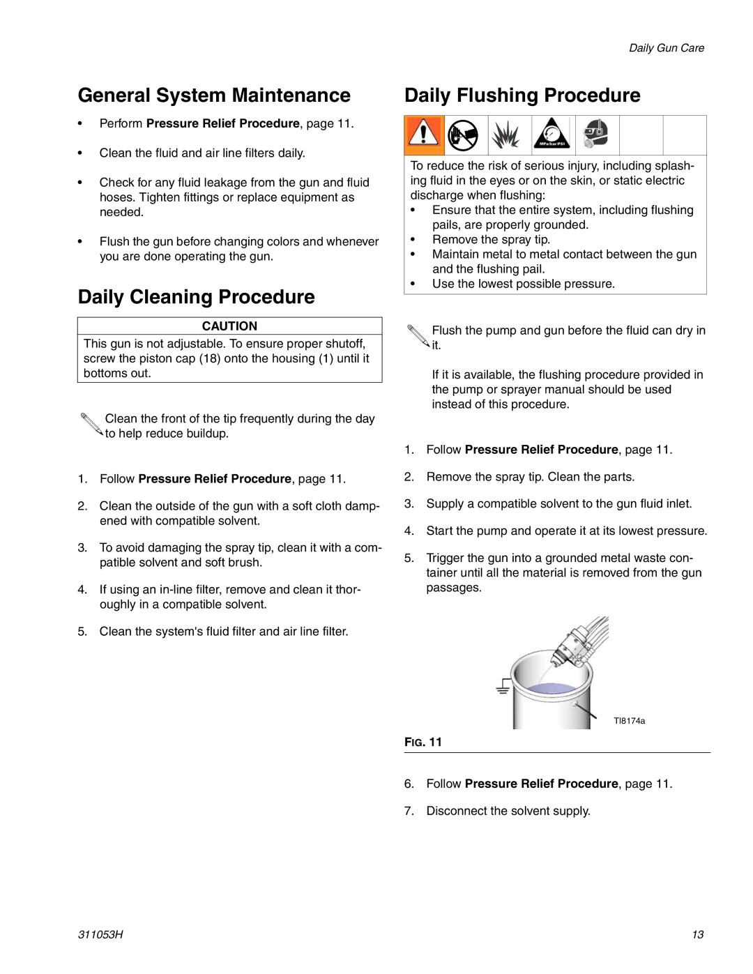 Graco 288048 important safety instructions General System Maintenance, Daily Cleaning Procedure, Daily Flushing Procedure 