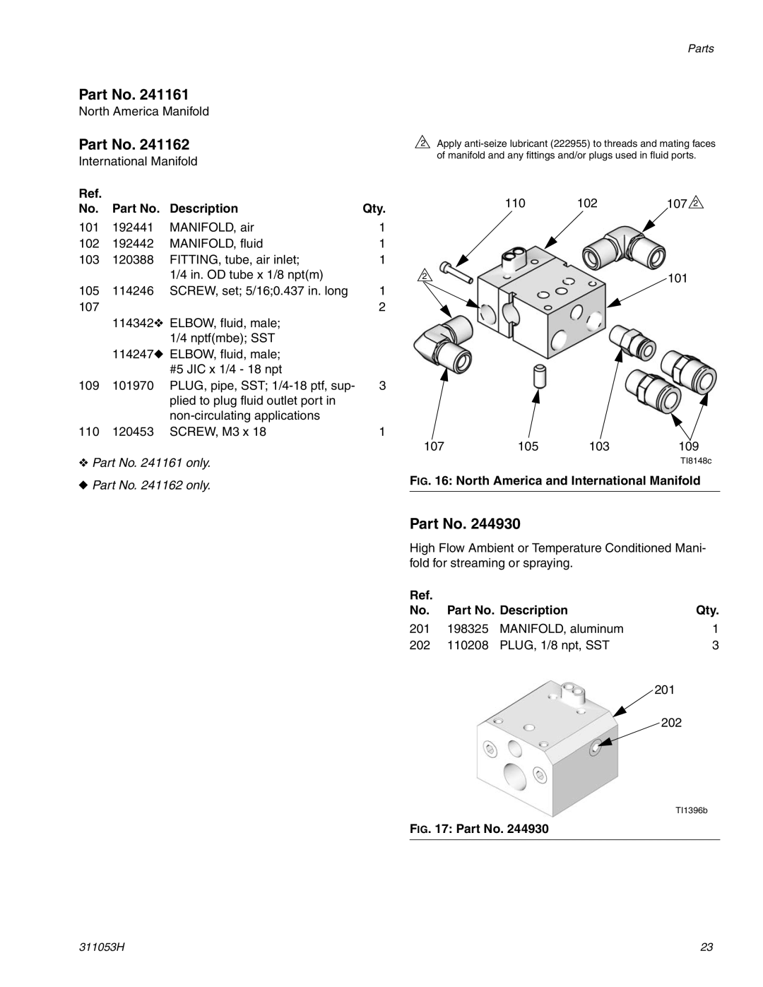 Graco 288048 important safety instructions Description Qty, North America and International Manifold 