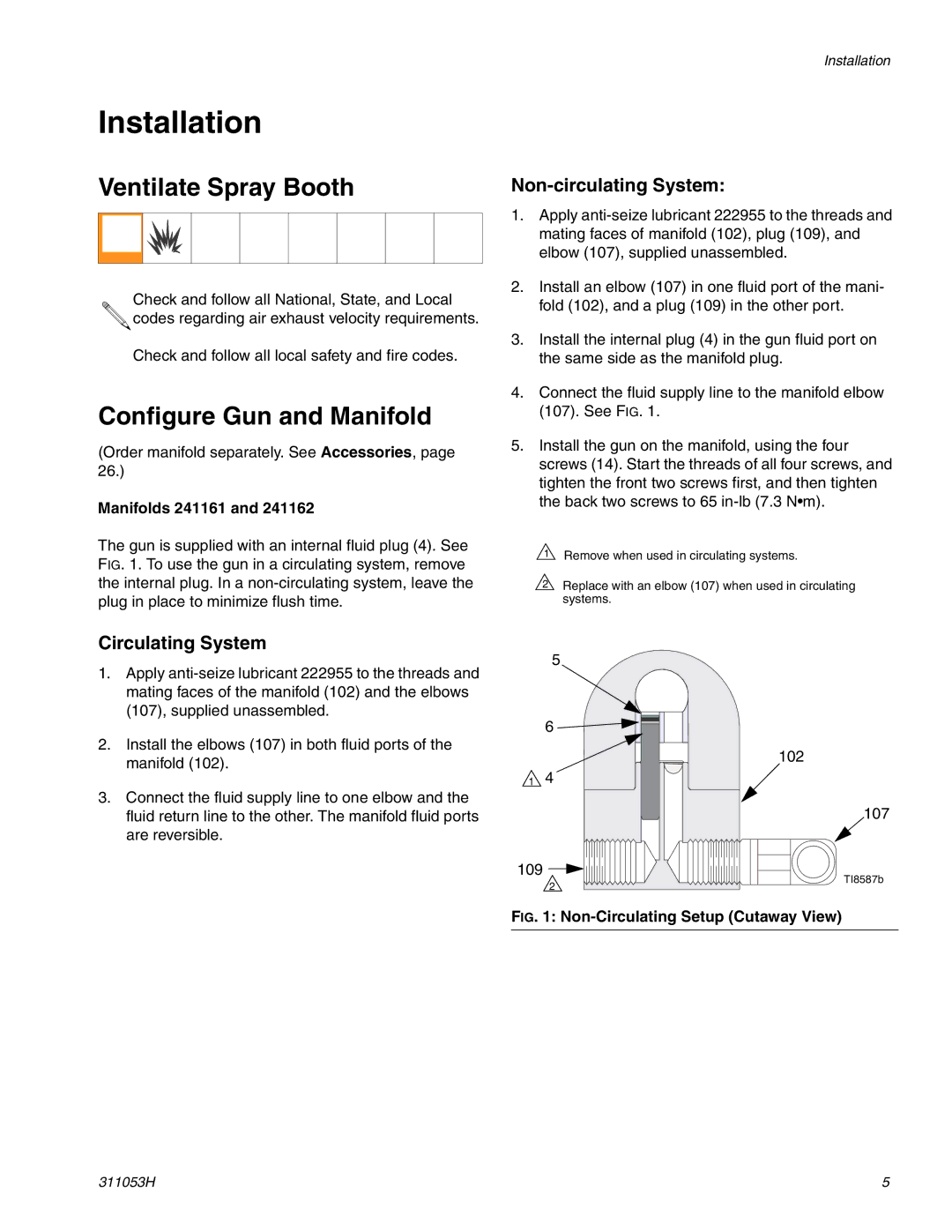 Graco 288048 Installation, Ventilate Spray Booth, Configure Gun and Manifold, Non-circulating System, Circulating System 