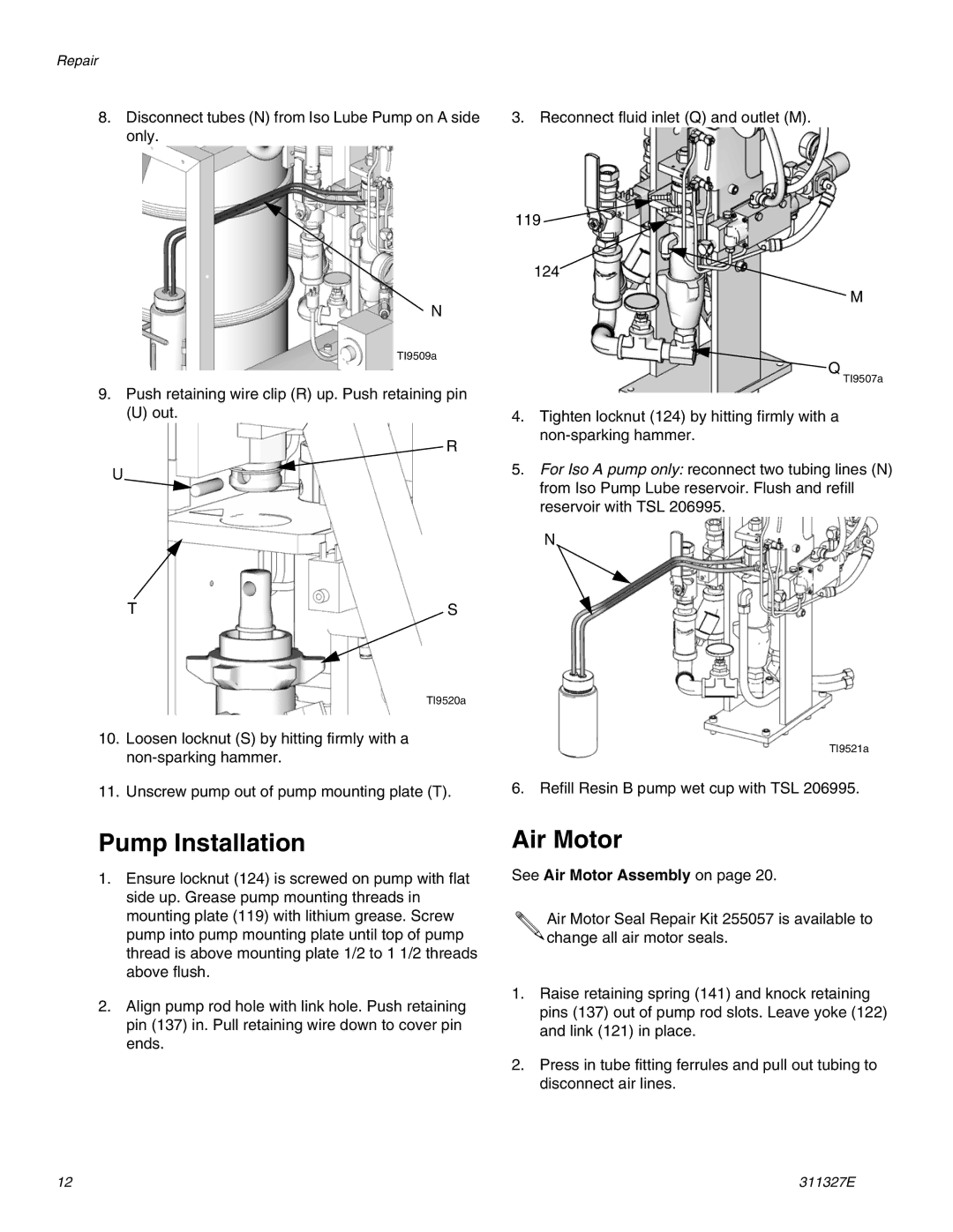 Graco 288400 important safety instructions Pump Installation, See Air Motor Assembly on 