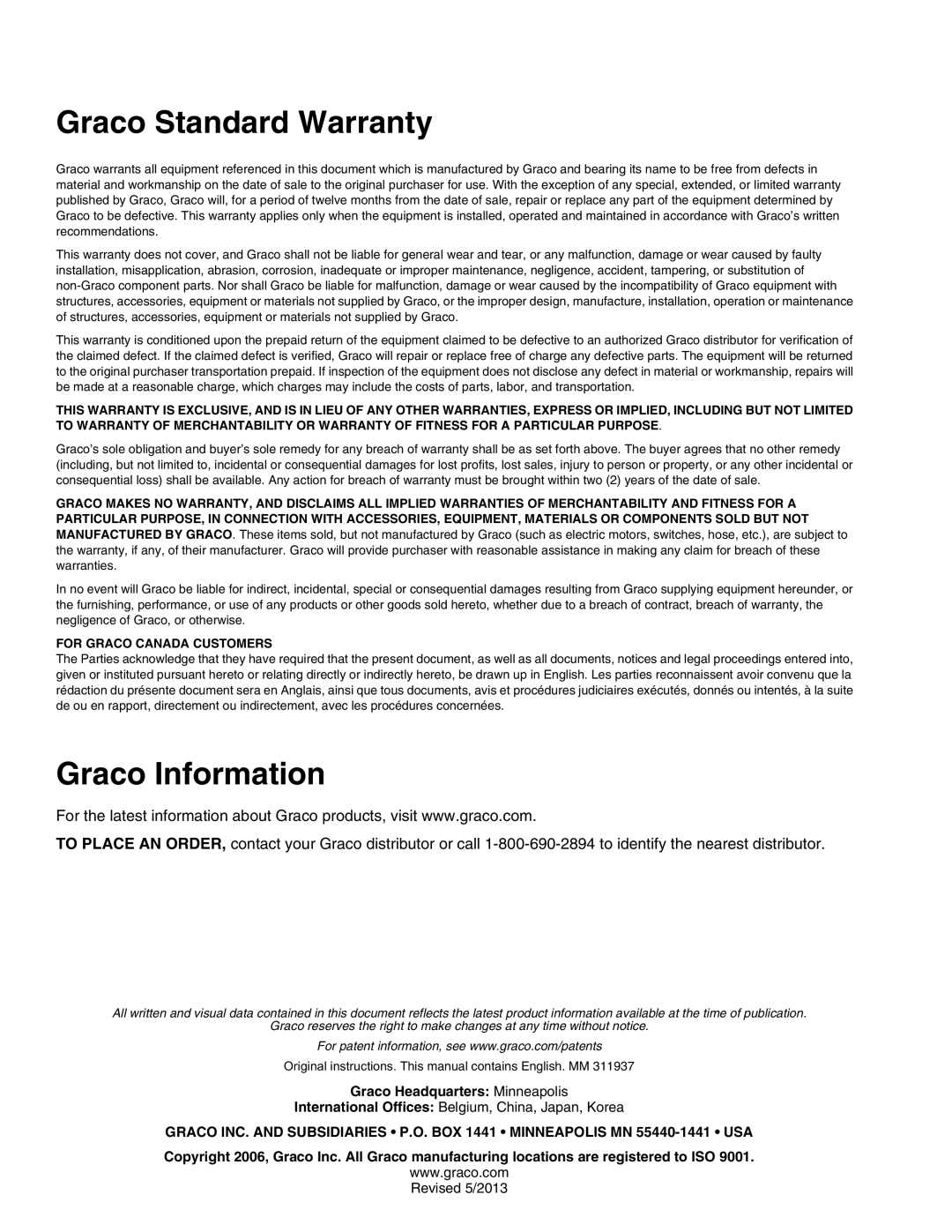 Graco 289604, 288513 important safety instructions Graco Standard Warranty, Graco Information 