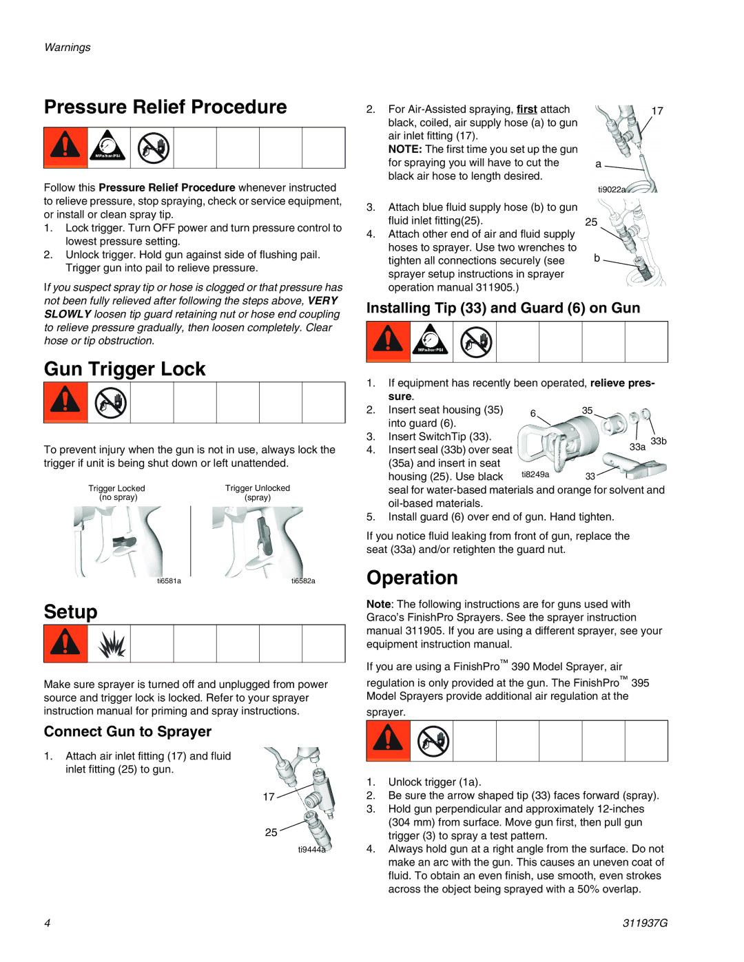 Graco 289604, 288513 important safety instructions Pressure Relief Procedure, Gun Trigger Lock, Setup, Operation 