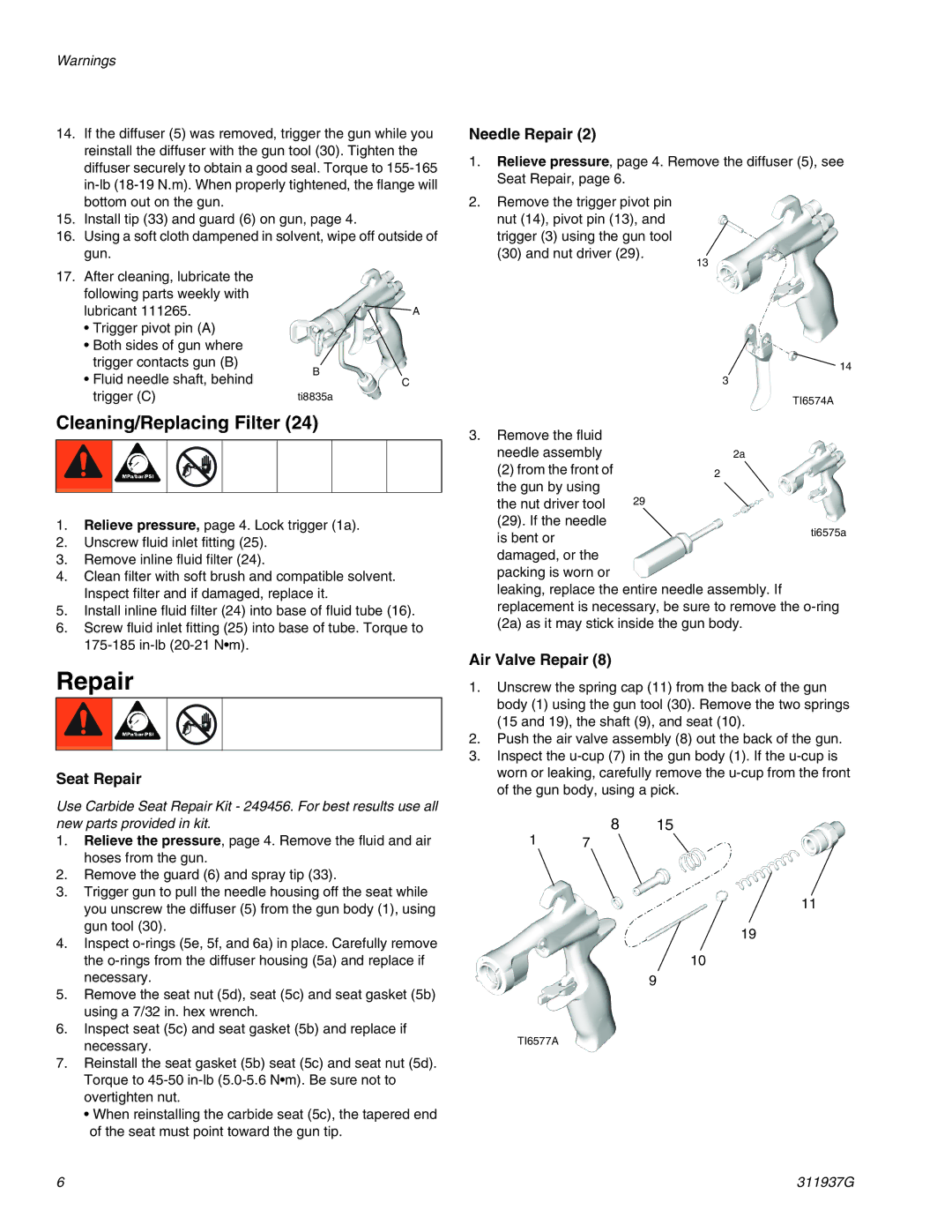 Graco 289604, 288513 important safety instructions Repair, Cleaning/Replacing Filter 