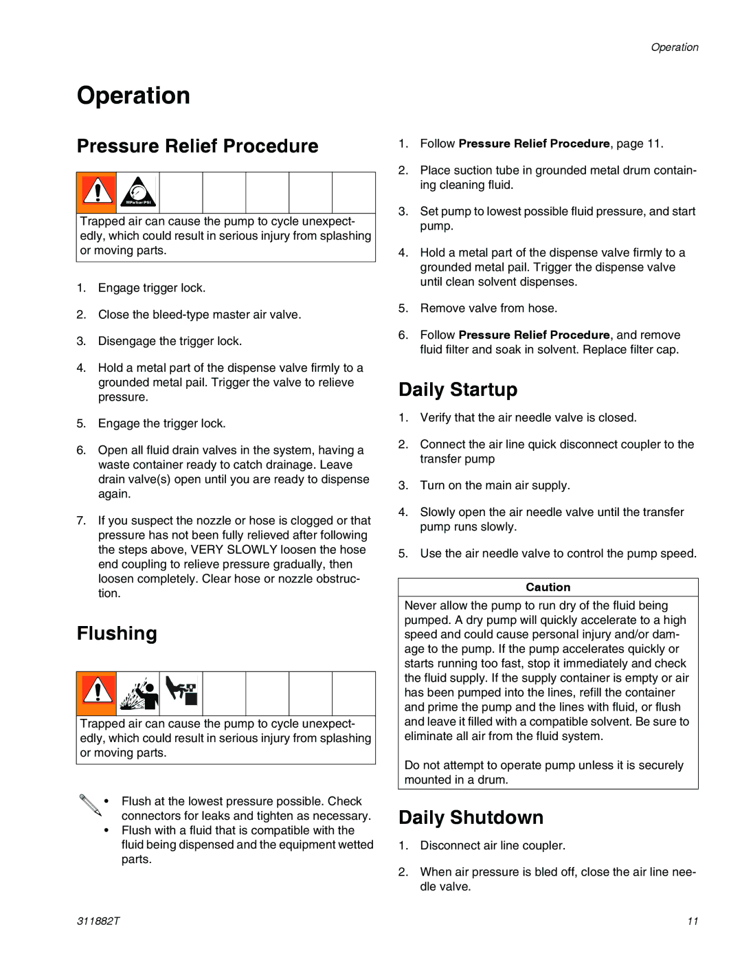 Graco 295616 important safety instructions Operation, Pressure Relief Procedure, Flushing, Daily Startup, Daily Shutdown 