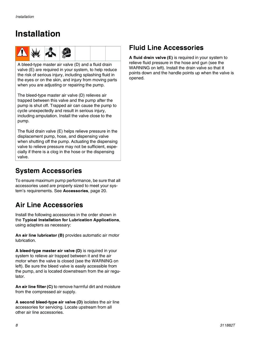 Graco 295616 important safety instructions Installation, System Accessories, Air Line Accessories, Fluid Line Accessories 