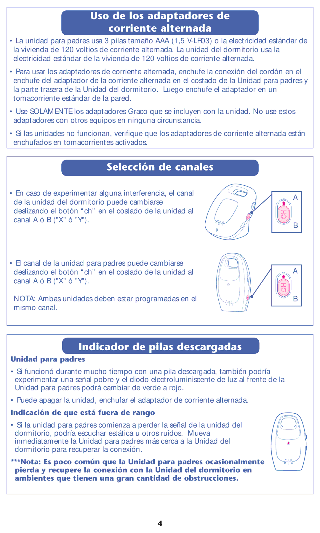 Graco 2L00 warranty Uso de los adaptadores de Corriente alternada, Selección de canales, Indicador de pilas descargadas 