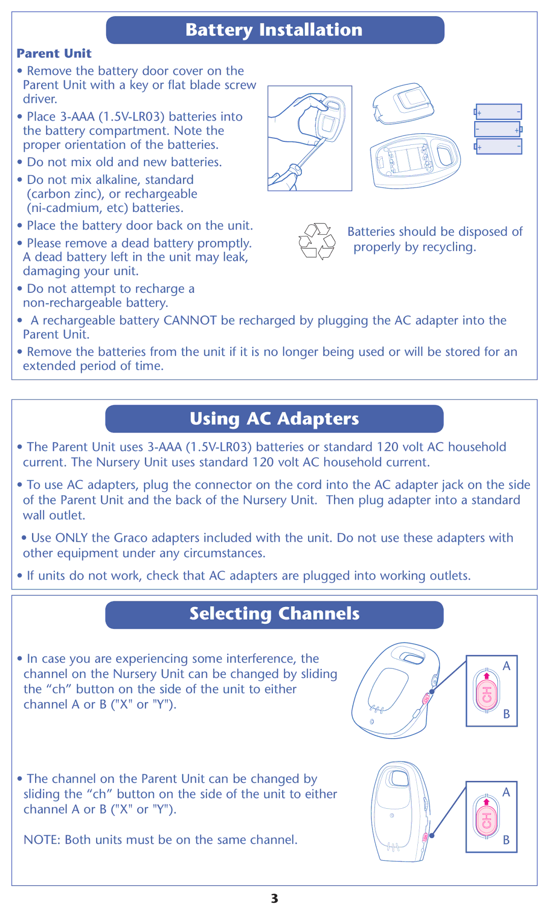 Graco 2L00 warranty Battery Installation, Using AC Adapters, Selecting Channels, Parent Unit 