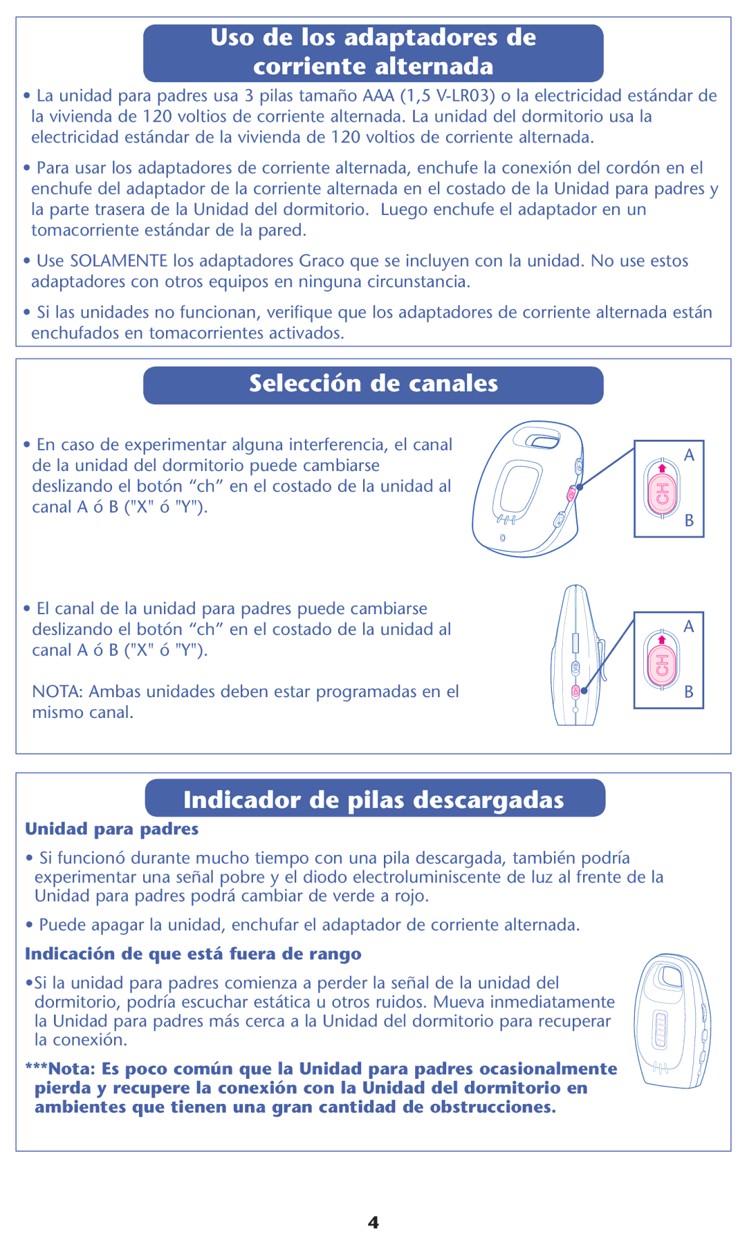 Graco 2L02VIB, 2L01VIB Uso de los adaptadores de Corriente alternada, Selección de canales, Indicador de pilas descargadas 