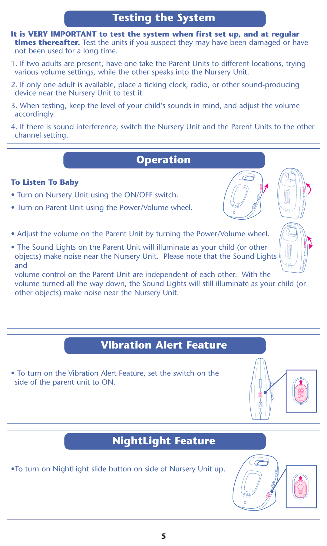 Graco 2L01VIB, 2L02VIB Testing the System, Operation, Vibration Alert Feature, NightLight Feature, To Listen To Baby 