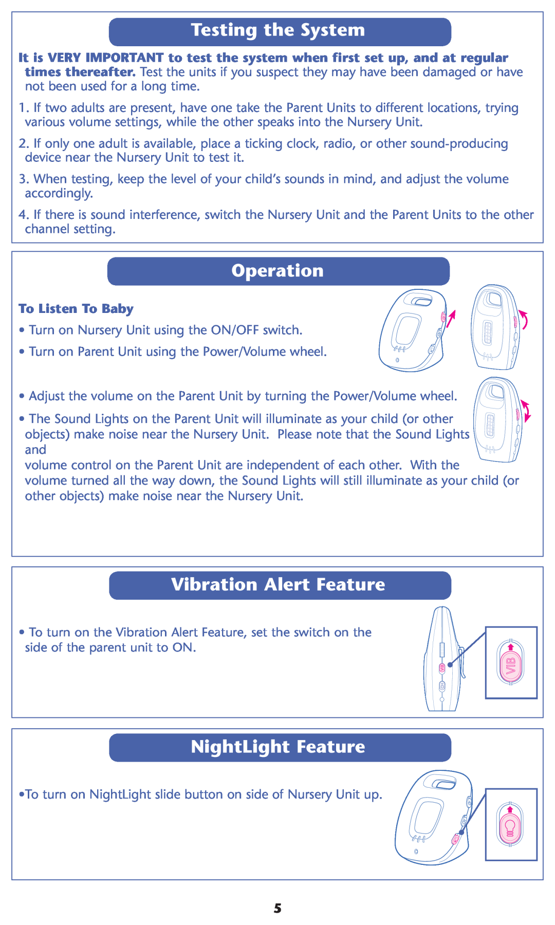 Graco 2L01VIB, 2L02VIB Testing the System, Operation, Vibration Alert Feature, NightLight Feature, To Listen To Baby 