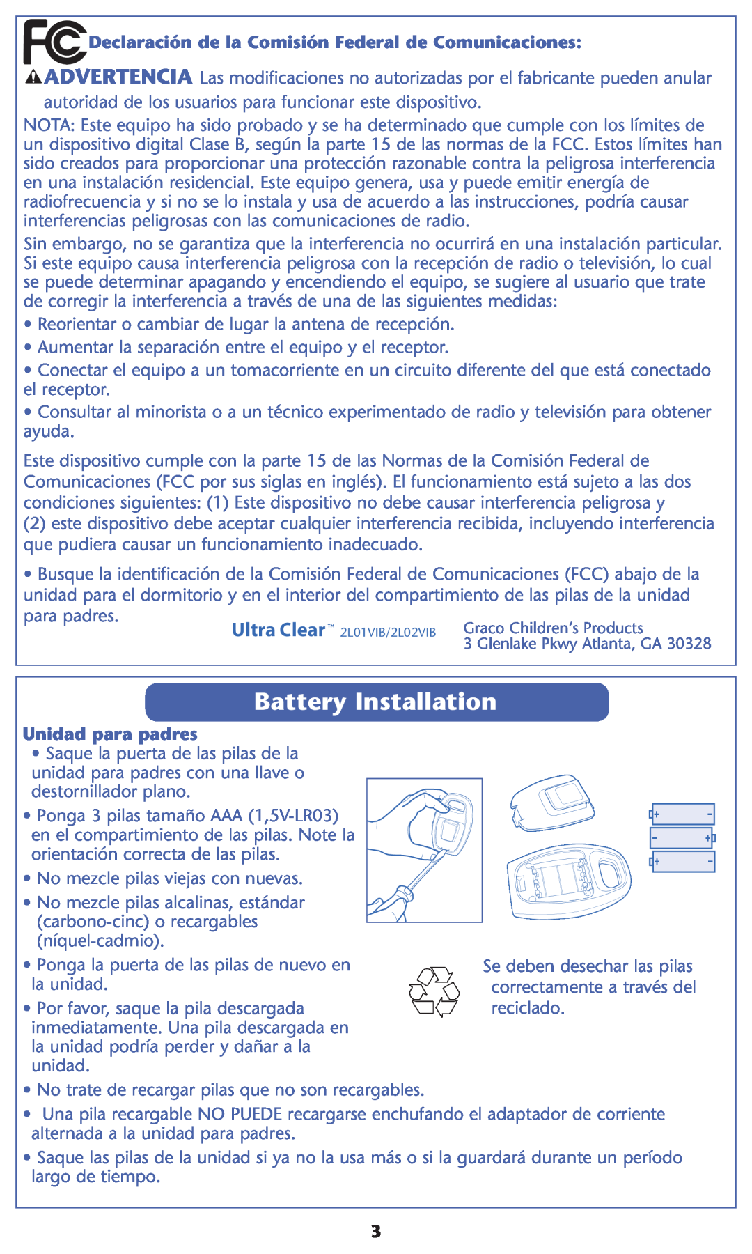 Graco 2L01VIB, 2L02VIB Battery Installation, Declaración de la Comisión Federal de Comunicaciones, Unidad para padres 
