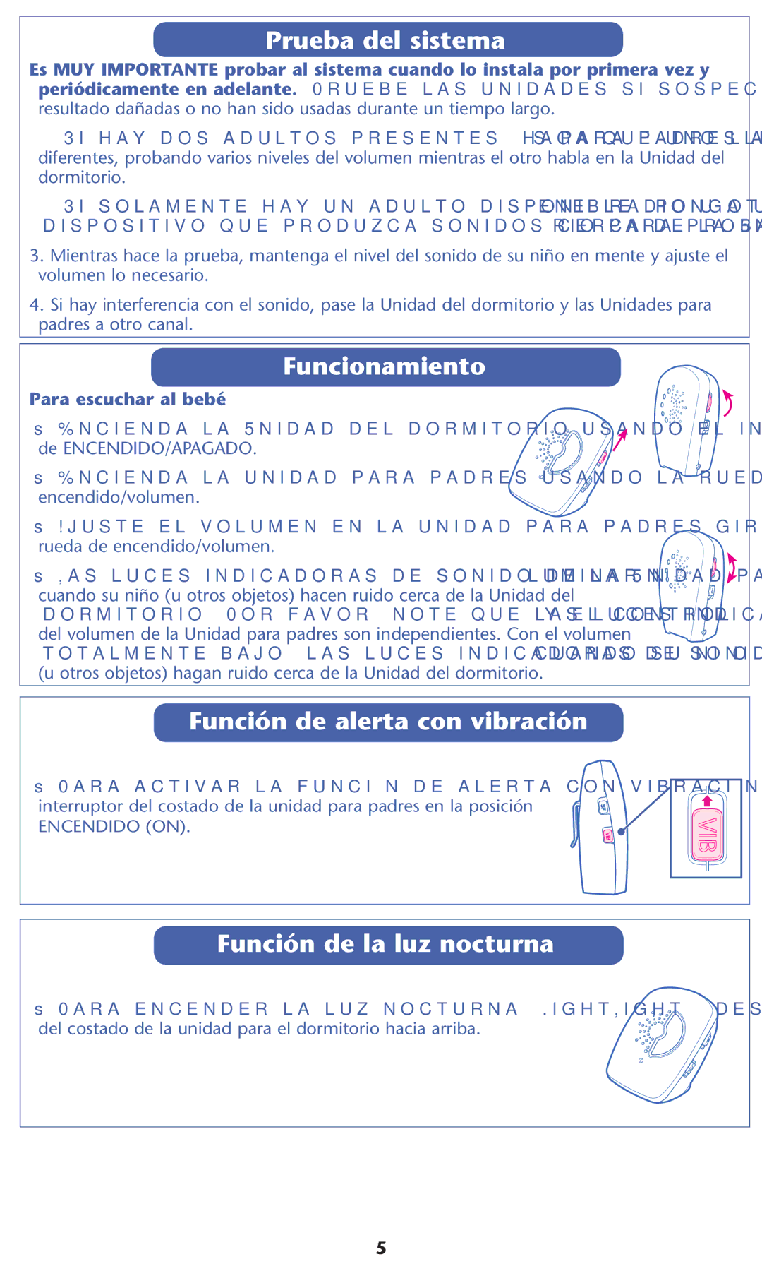 Graco 2L05VIB, 2L04VIB Prueba del sistema, Funcionamiento, Unciøncde Alerta Conovibraciøn, Unciøncde LA Luzunocturna 