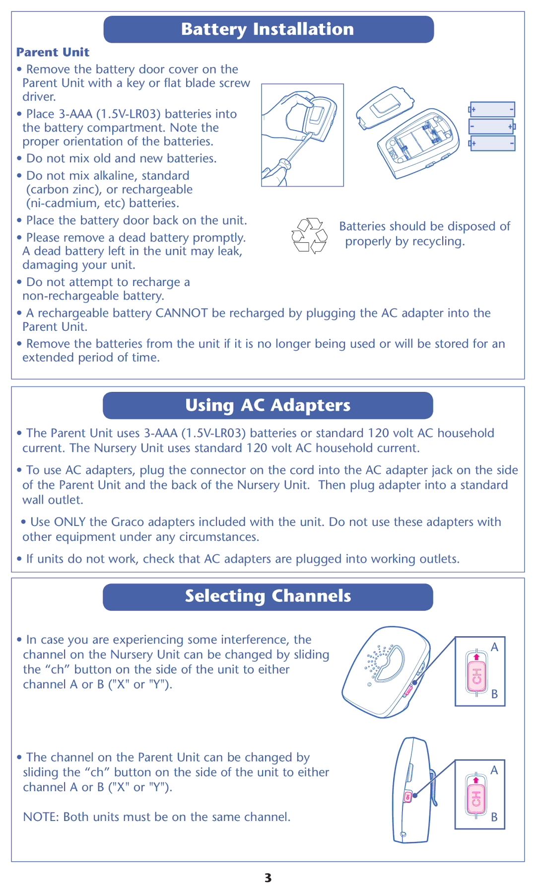 Graco 2L05VIB, 2L04VIB warranty Atteryynstallation, 5SINGI!# !DAPTERS, 3ELECTINGC#HANNELS, Parent Unit 