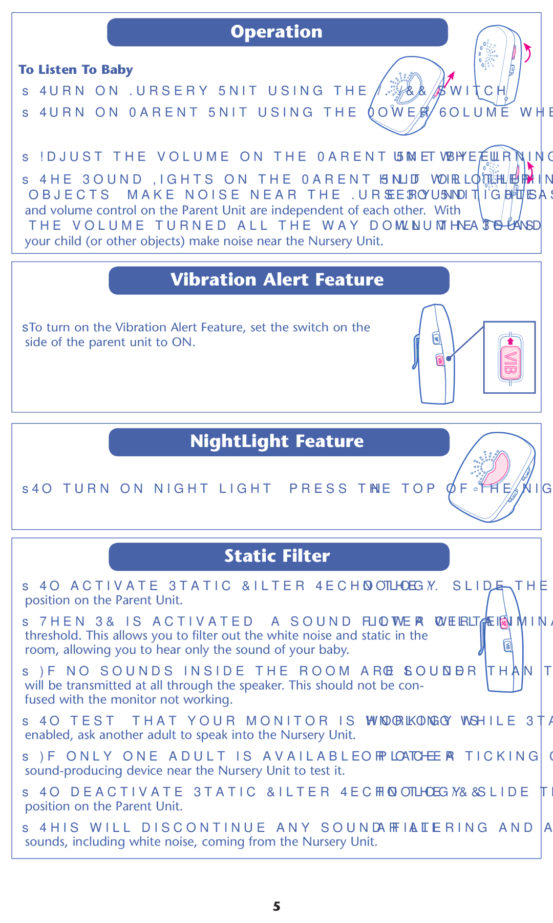 Graco 2L05VIB, 2L04VIB warranty Operation, 6IBRATION !LERTE&EATURE, NightLight Feature, Static Filter, 4O ,ISTEN 4O ABY 