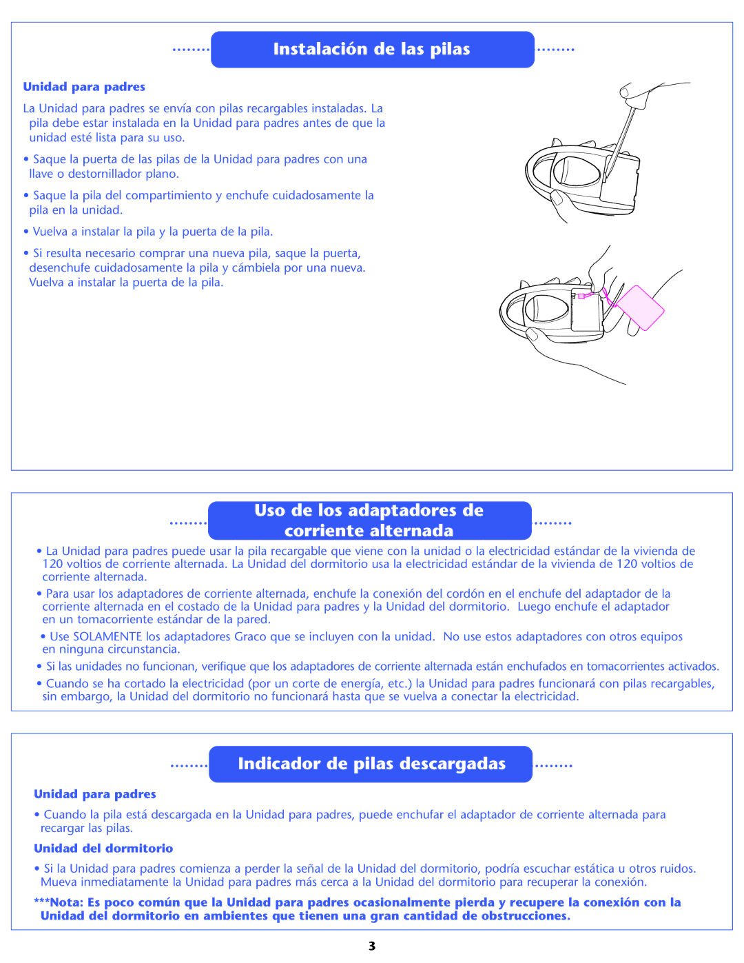 Graco 2M06 manual Instalación de las pilas, Uso de los adaptadores de Corriente alternada, Indicador de pilas descargadas 