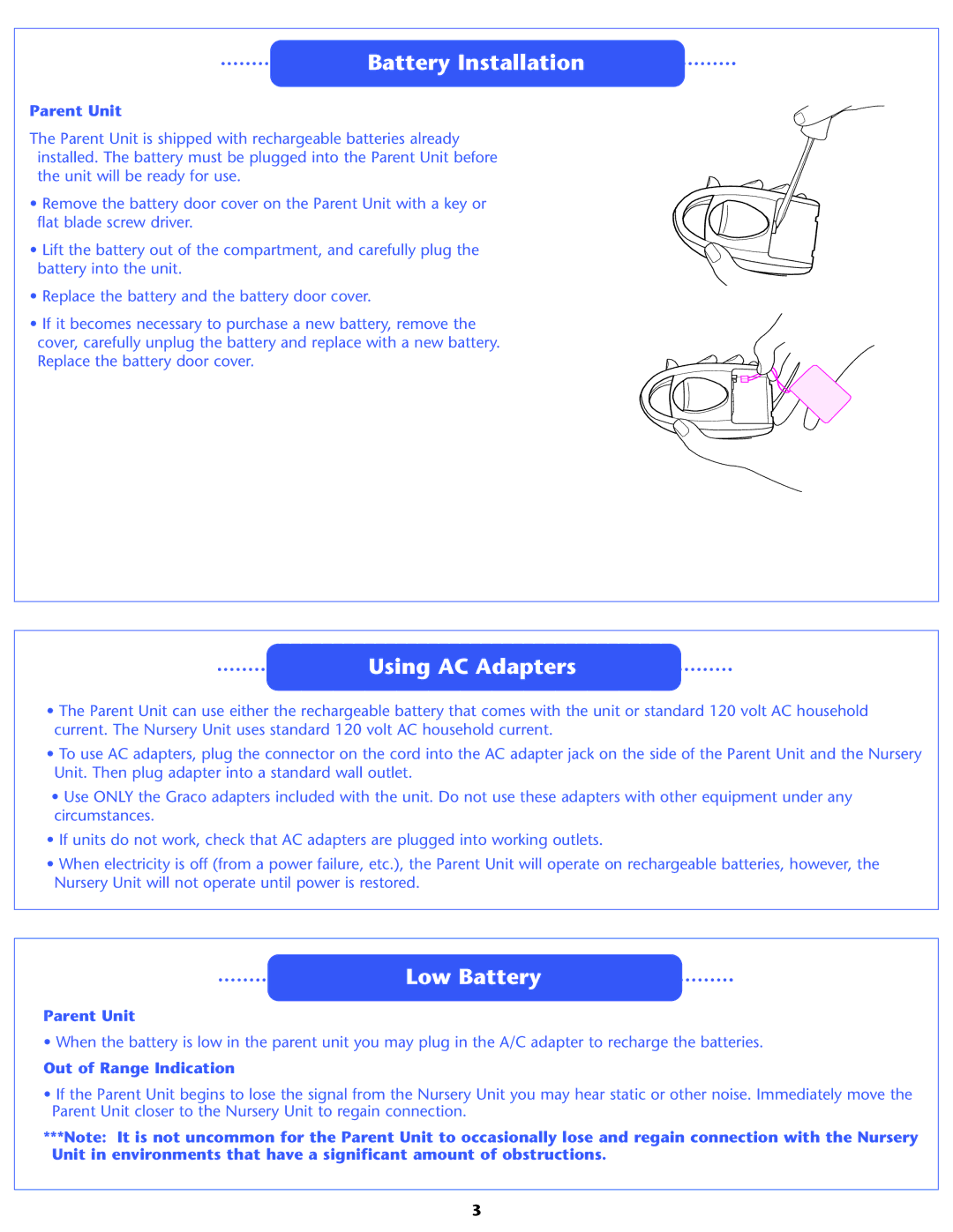 Graco 2M06 manual Battery Installation, Using AC Adapters, Low Battery, Parent Unit, Out of Range Indication 